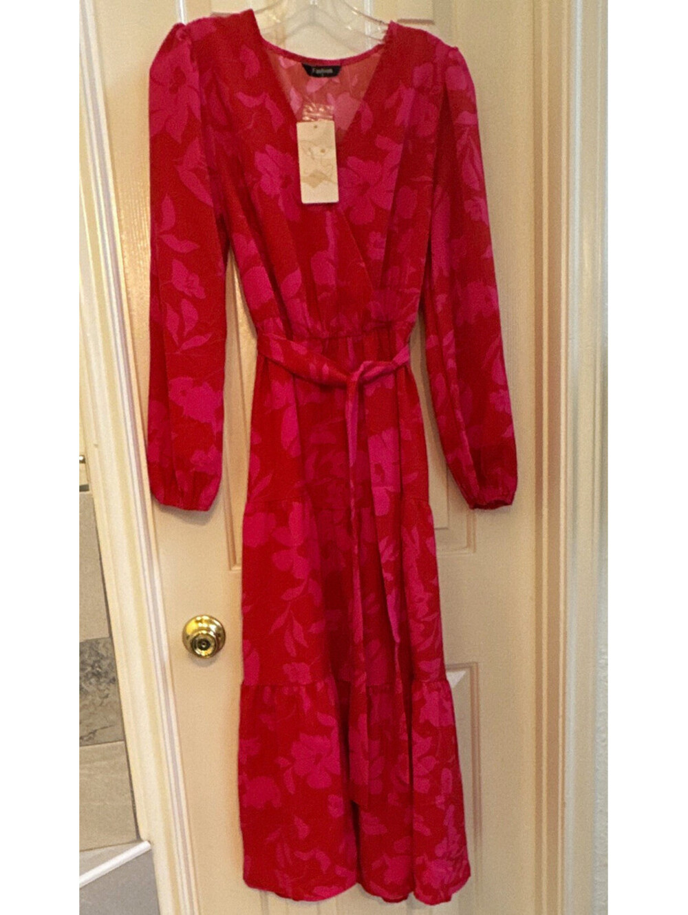 Fashion Womens S Red Pink Floral V-Neck Puff Long Sleeve Midi A-Line Dress